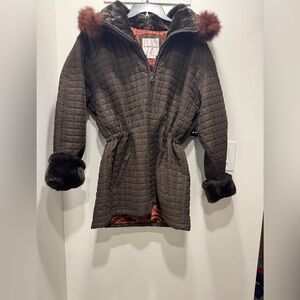 Andrew Marc Brown Quilted Puffer with Faux Fur Trim